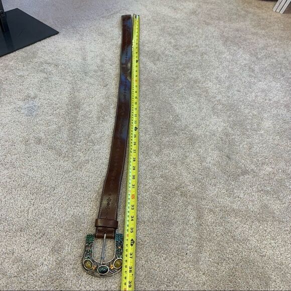 𝅺BUFFALO David Bitton green yellow Rhinestone Gem Embellished brown leather belt - Picture 8 of 9